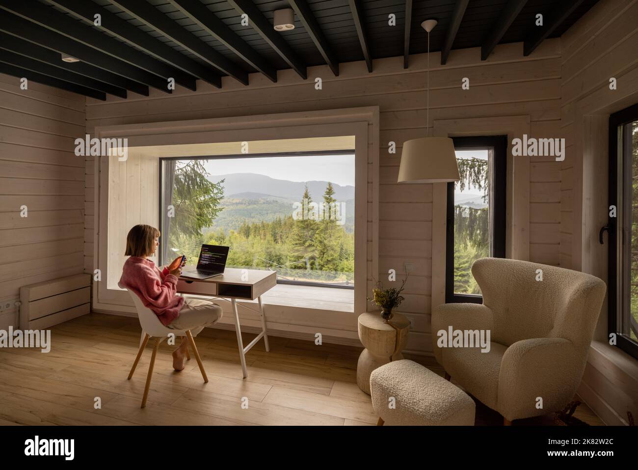 Femme travaille sur ordinateur portable à distance dans la maison sur la nature Banque D'Images
