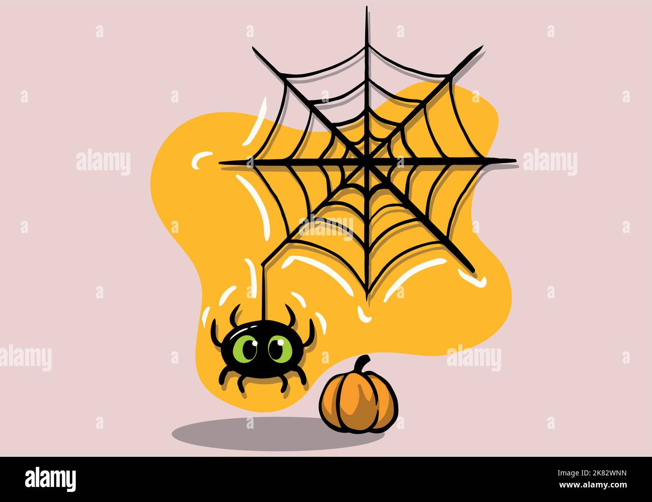 Une jolie araignée noire et une toile d'araignée dessinées à la main Illustration de Vecteur