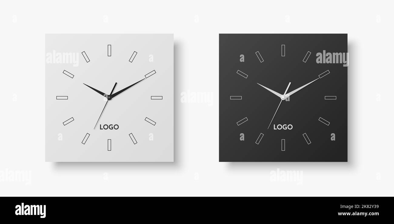 Vector 3D Realistic White, Black Square Wall Office Clock Set, modèle de conception isolé sur blanc. Composer avec des chiffres romains. Maquette de l'horloge murale pour Illustration de Vecteur