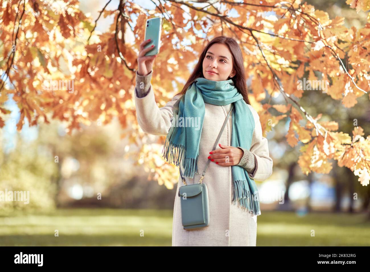 Une jeune belle femme marche à travers le parc d'automne. Une fille avec un smartphone prend des photos dans une forêt d'automne Banque D'Images