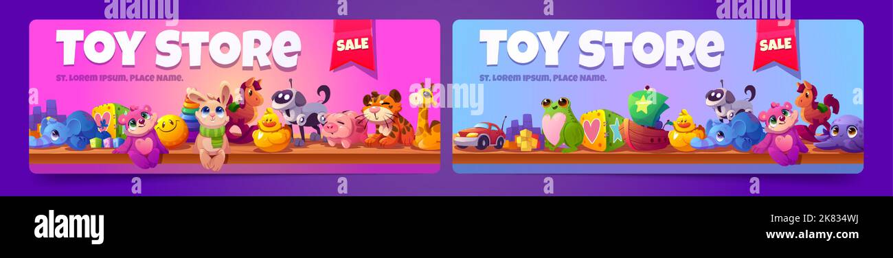 Jouets pour enfants en solde dans un magasin pour bébés. Affiches avec animaux en peluche, voiture et bateau sur des étagères en bois dans le magasin. Bannières vectorielles avec illustration de dessin animé de chi mignon Illustration de Vecteur