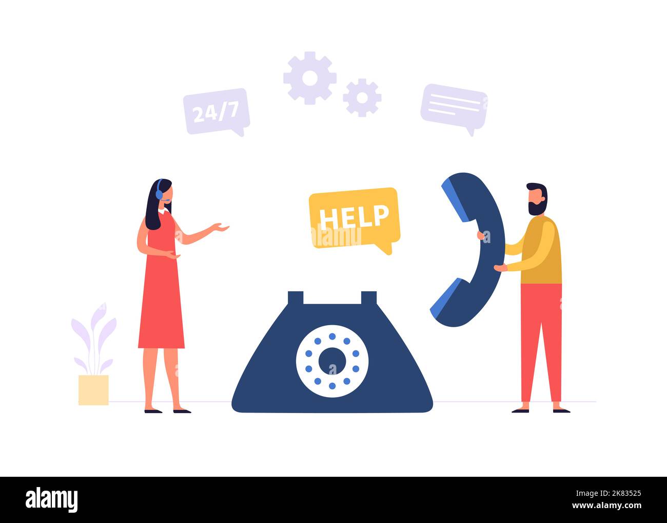 Assistant en ligne. Homme appelant le service clientèle et demandant de l'aide. Assistant personnage féminin dans un casque Illustration de Vecteur Assistant en ligne. Homme appelant le service clientèle et demandant de l'aide. Assistant personnage féminin dans un casque Illustration de Vecteur