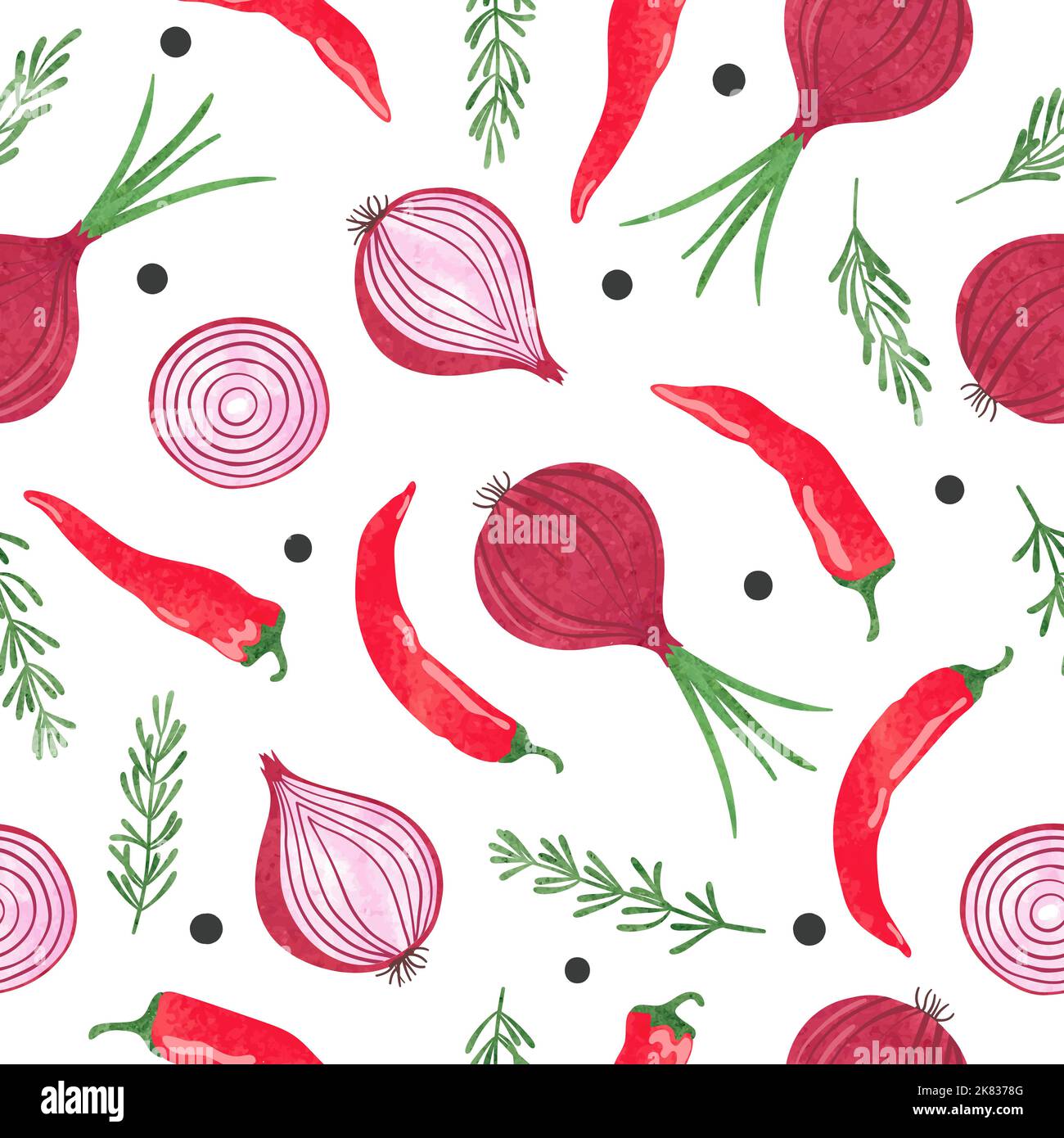 Motif de légumes aquarelle sans couture avec oignon rouge, poivre chaud et romarin. Illustration de Vecteur