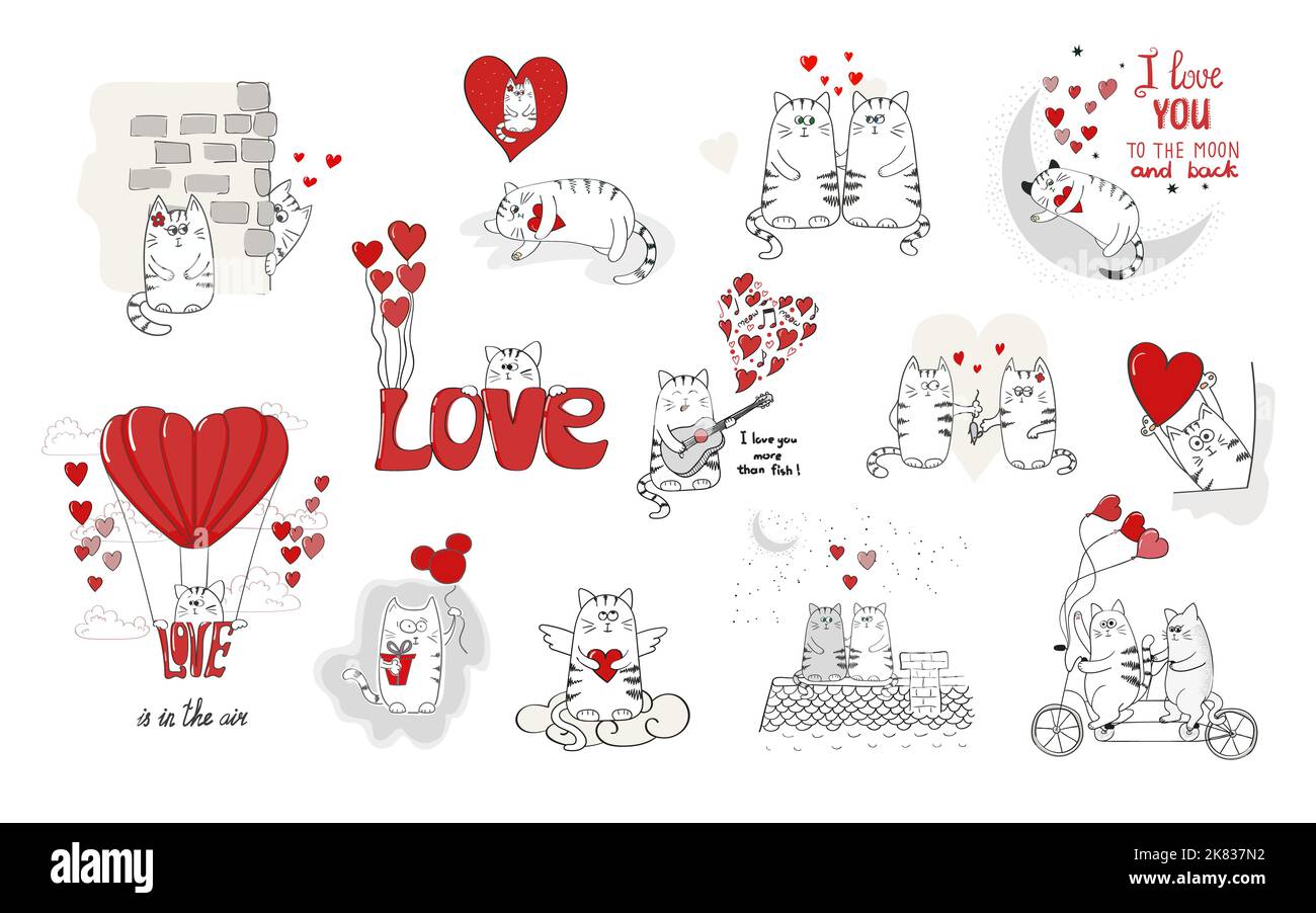 Chats adorables. Saint-Valentin grand ensemble pour votre conception. Collection d'illustrations vectorielles Doodle. Illustration de Vecteur