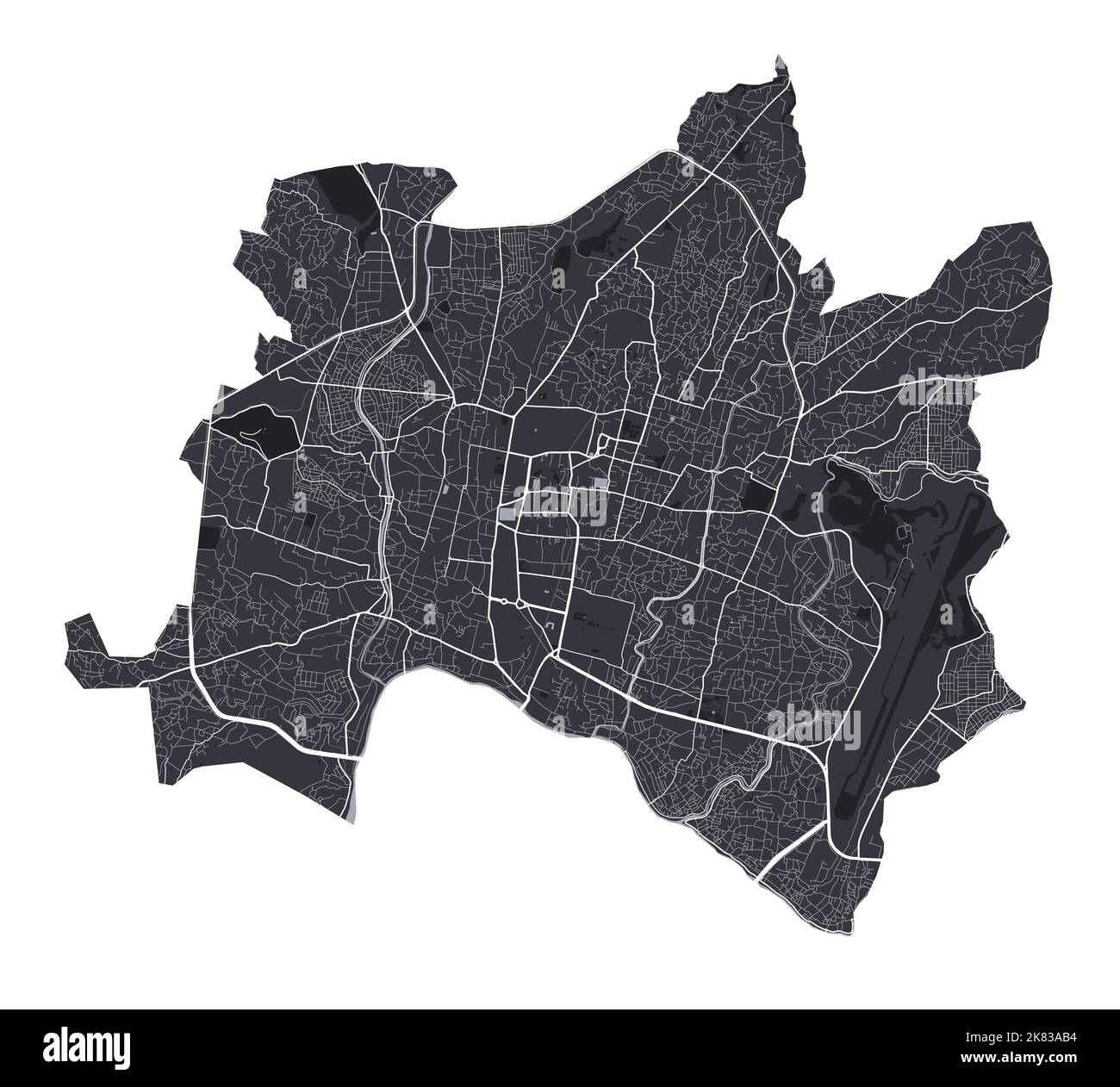 Carte vectorielle de Katmandou. Carte vectorielle détaillée de la zone administrative de la ville de Katmandou. Vue sur l'aria métropolitain avec affiche CityScape. Terre noire avec routes blanches Illustration de Vecteur