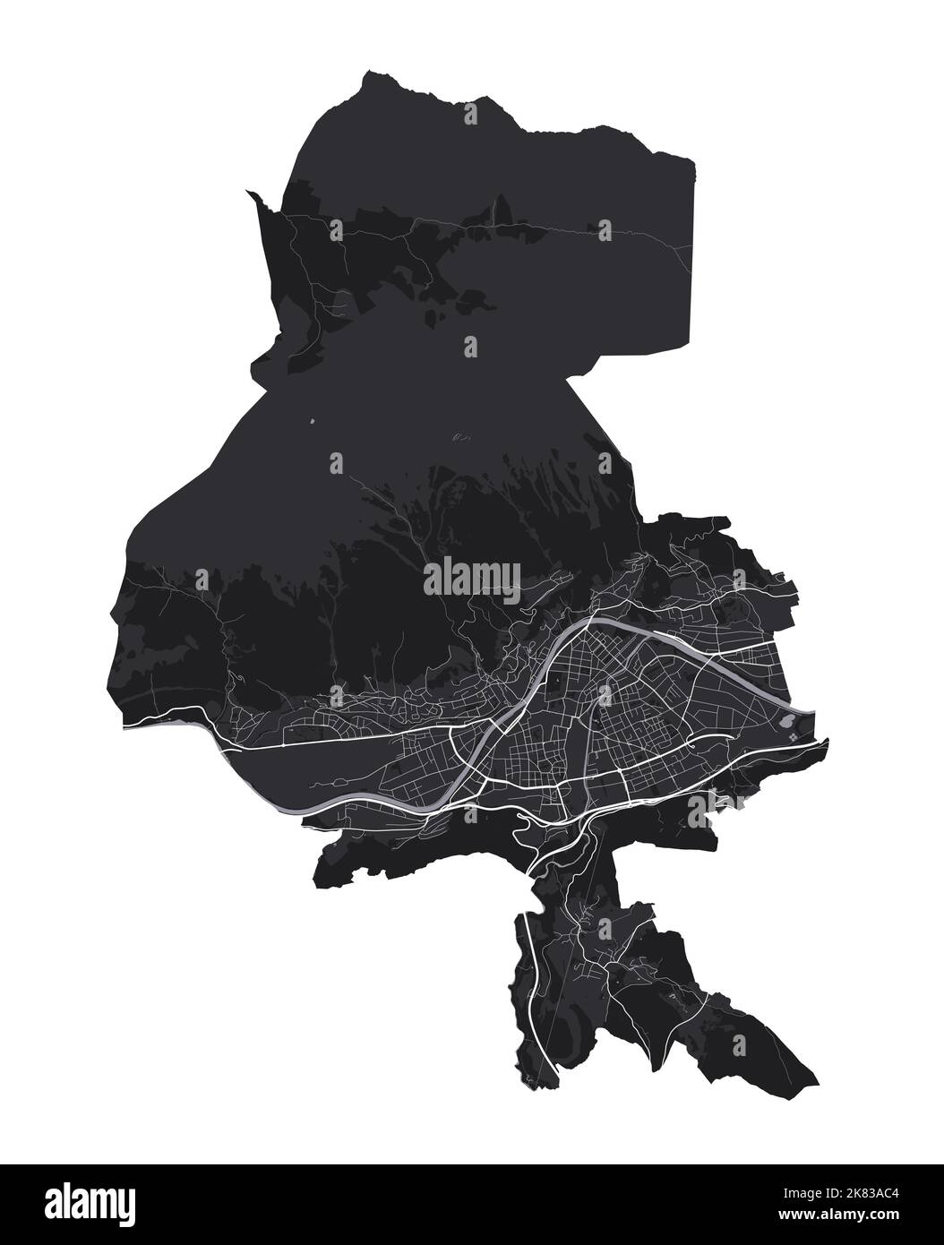 Carte vectorielle d'Innsbruck. Carte vectorielle détaillée de la zone administrative d'Innsbruck. Vue sur l'aria métropolitain avec affiche CityScape. Terre noire avec construction blanche Illustration de Vecteur