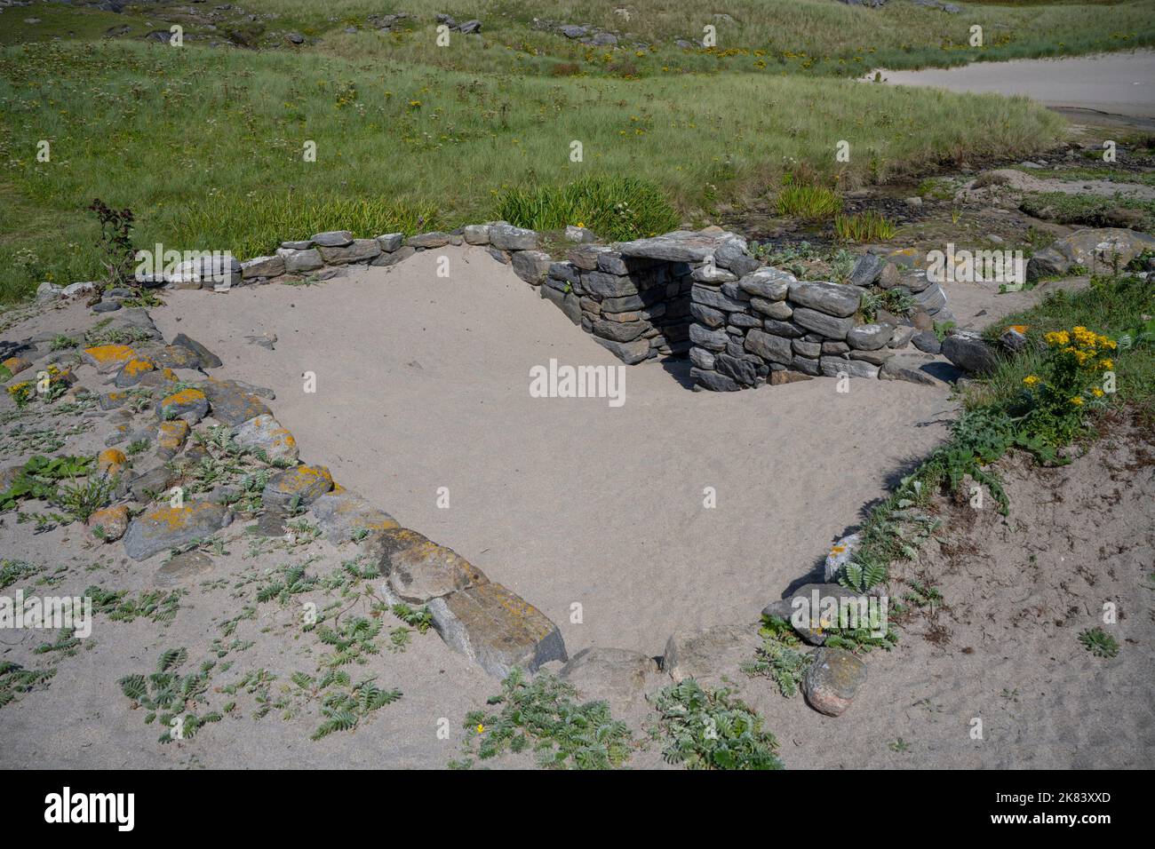 Ruines du village déserté sur l'île de Mingulay, Bishop's Isles, Outer Hebrides, Écosse, Royaume-Uni Banque D'Images