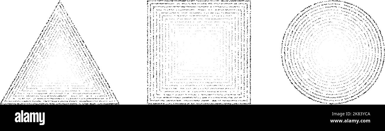 Jeu de formes granuleuses en pointillés. Carré, cercle et triangle à crépi avec dégradé. Formes géométriques de bruit de grain. Collection de travail à points stochastiques. Illustration de Vecteur
