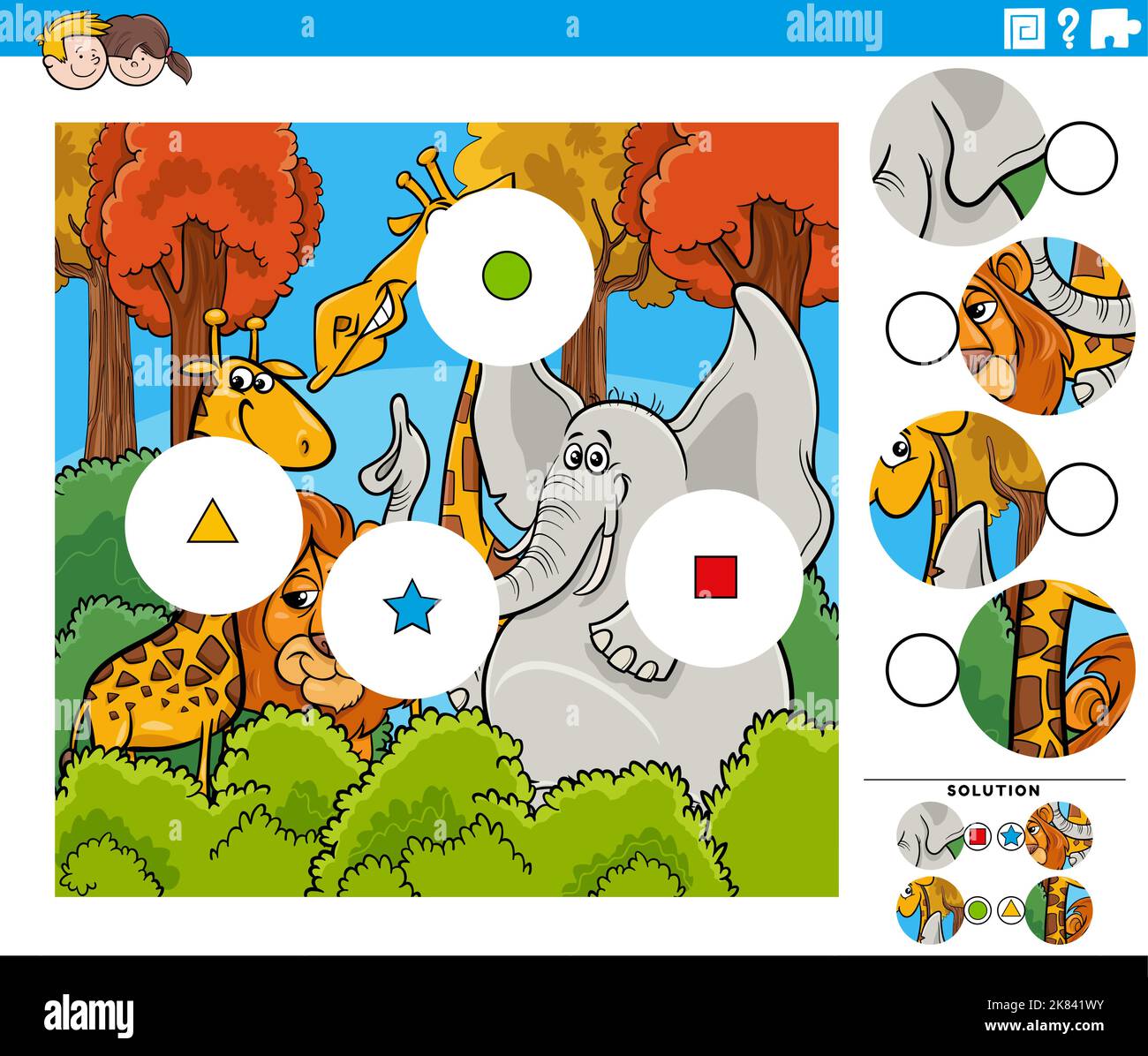 Dessin animé illustration de l'éducation match les pièces puzzle jeu de puzzle avec les personnages animaux sauvages drôles Illustration de Vecteur