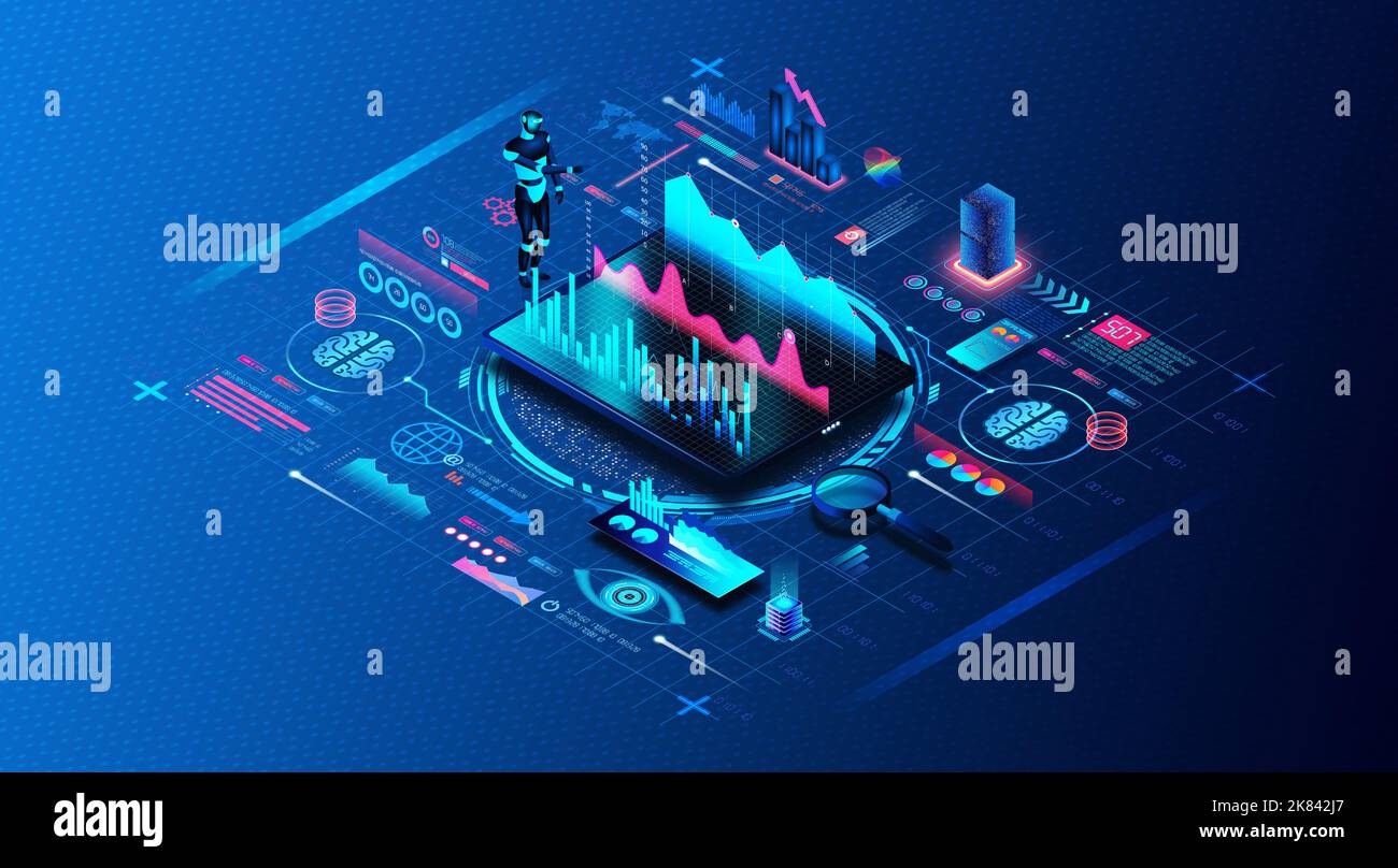 Automatisation de l'analyse des Big Data et concept de données en tant que service - DaaS - nouveaux systèmes et processus permettant d'effectuer des tâches analytiques automatisées - 3D Illustration Banque D'Images