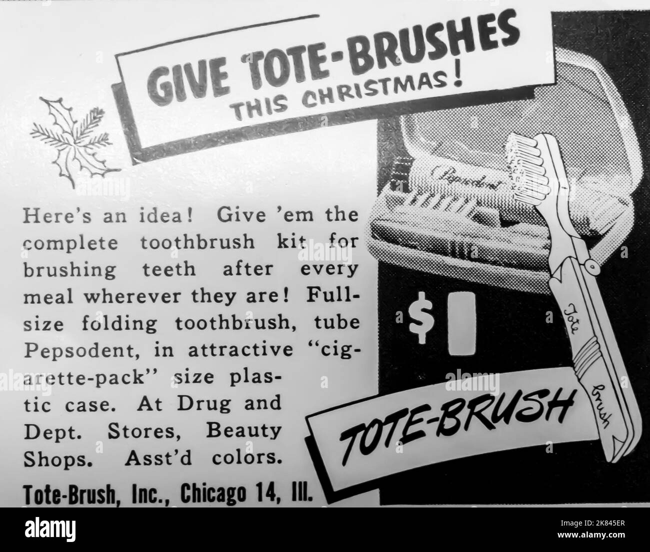 Publicité pour brosse à dents Tote-Brush dans un magazine NatGeo, 1954 Banque D'Images