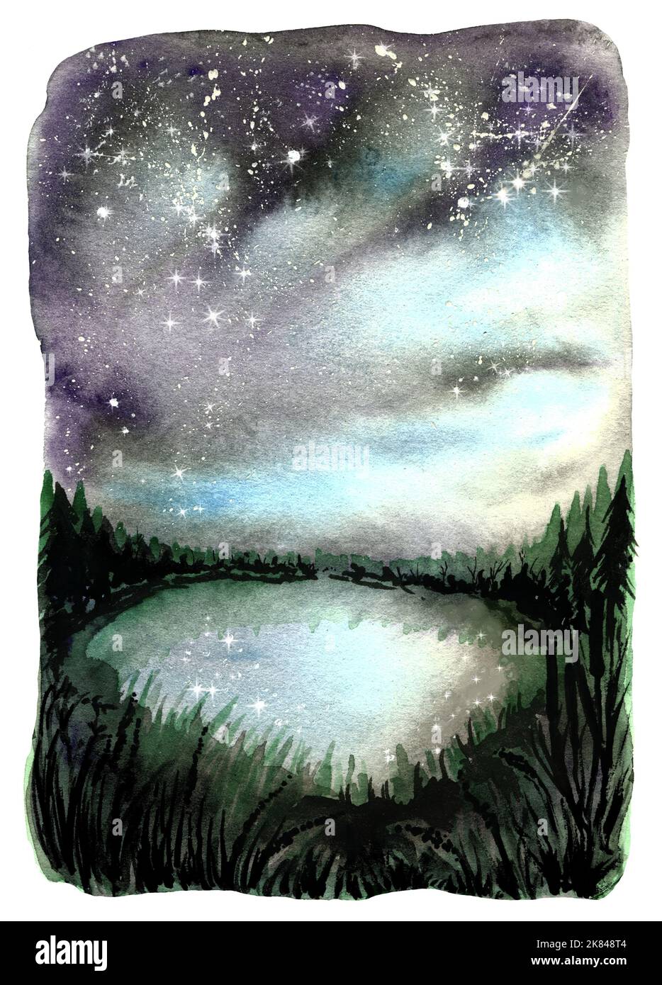 Lac de nuit avec reflet des étoiles, illustration aquarelle. Banque D'Images