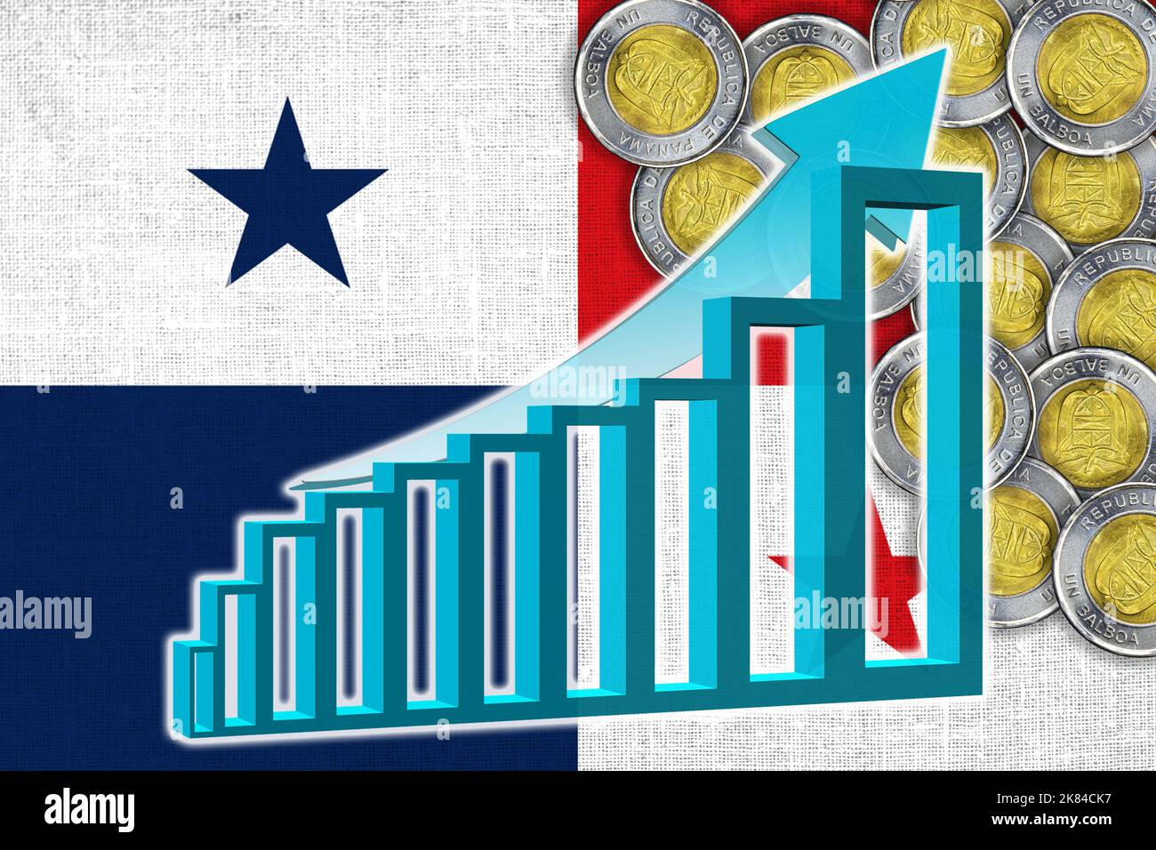 Graphique économique : flèche vers le haut, drapeau Panama et une pièce de monnaie Balboa Banque D'Images