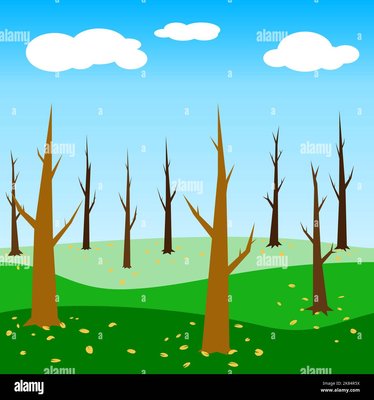 arbres dans des feuilles sauvages sèches sur la colline ciel clair lumineux avec des nuages papier peint vecteur graphique pas de personnes Illustration de Vecteur