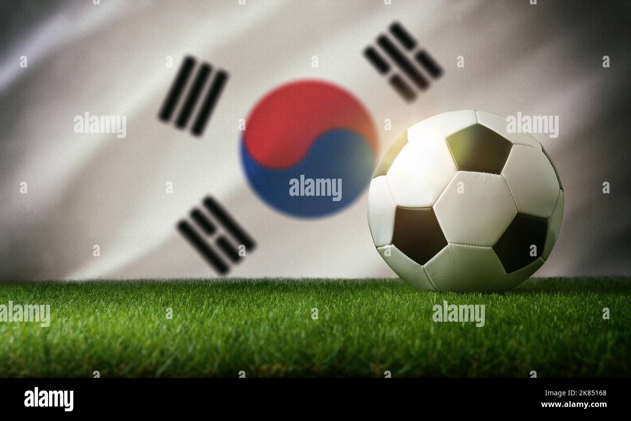 Composition de l'équipe nationale de Corée du Sud avec ballon classique sur l'herbe et drapeau en arrière-plan. Vue avant. Banque D'Images