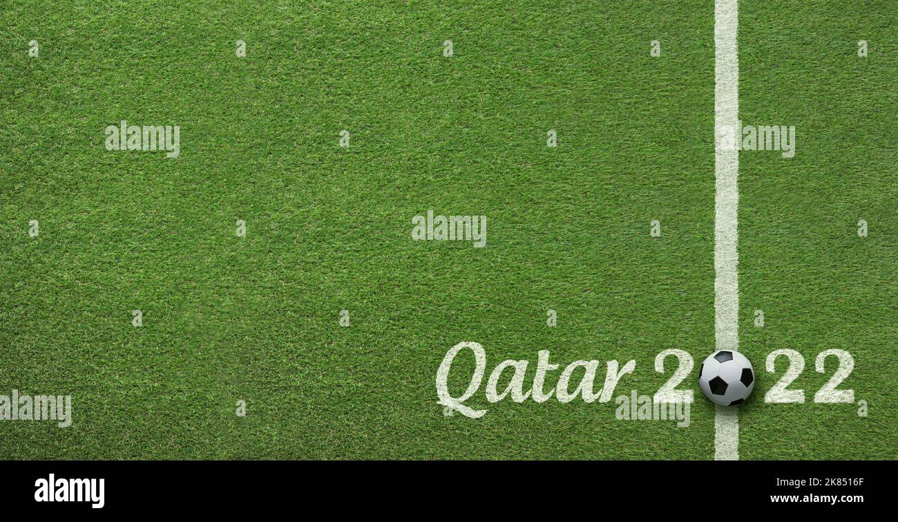 Terrain de football herbe vue de dessus arrière-plan annonçant le tournoi de la coupe du monde de football au Qatar 2022 Banque D'Images