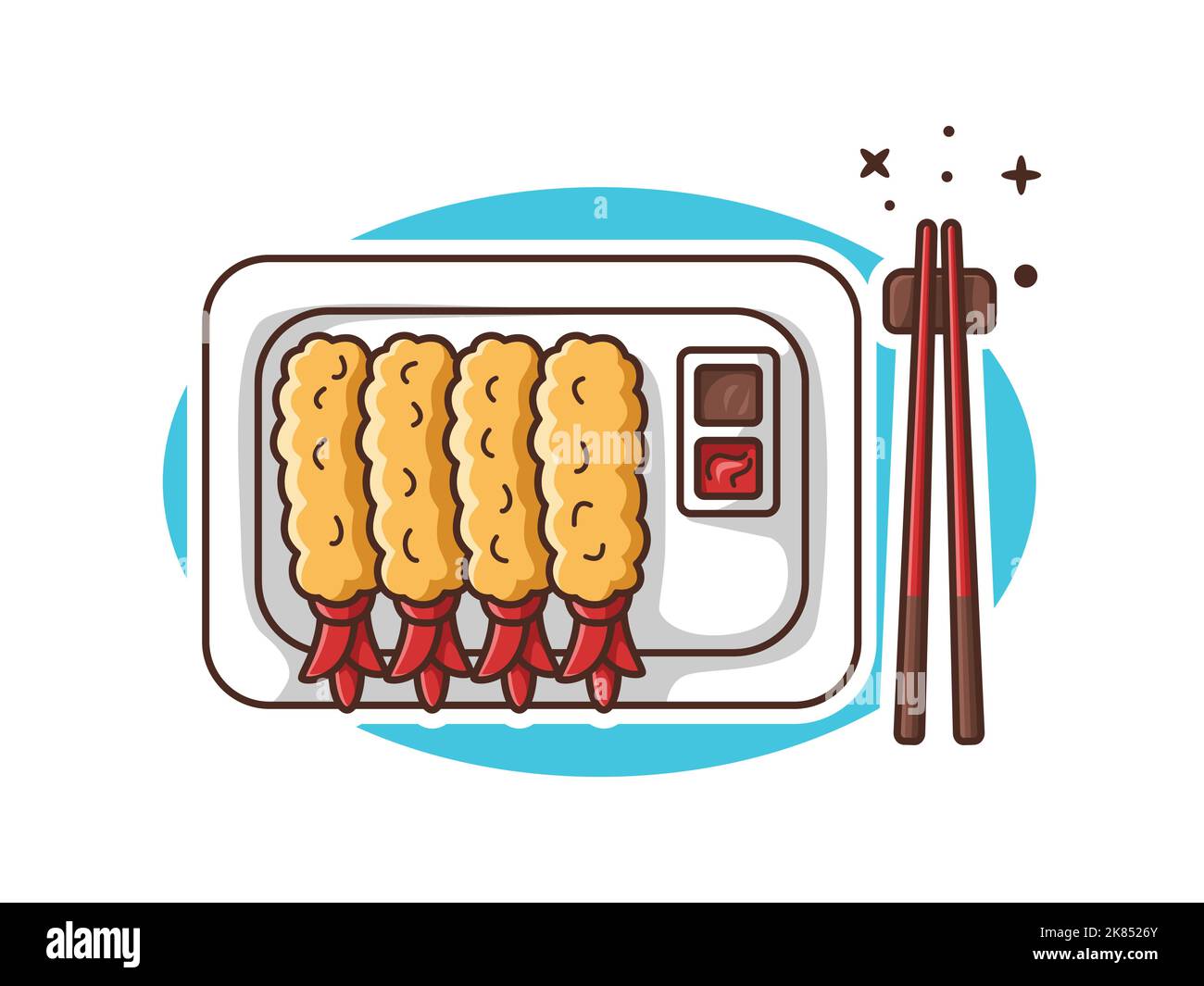 Crevettes frites avec sauce soja et tomate sur une assiette Illustration Cartoon Vector isolé. Illustration de l'alimentation de mer. Illustration de la bande dessinée tempura Illustration de Vecteur