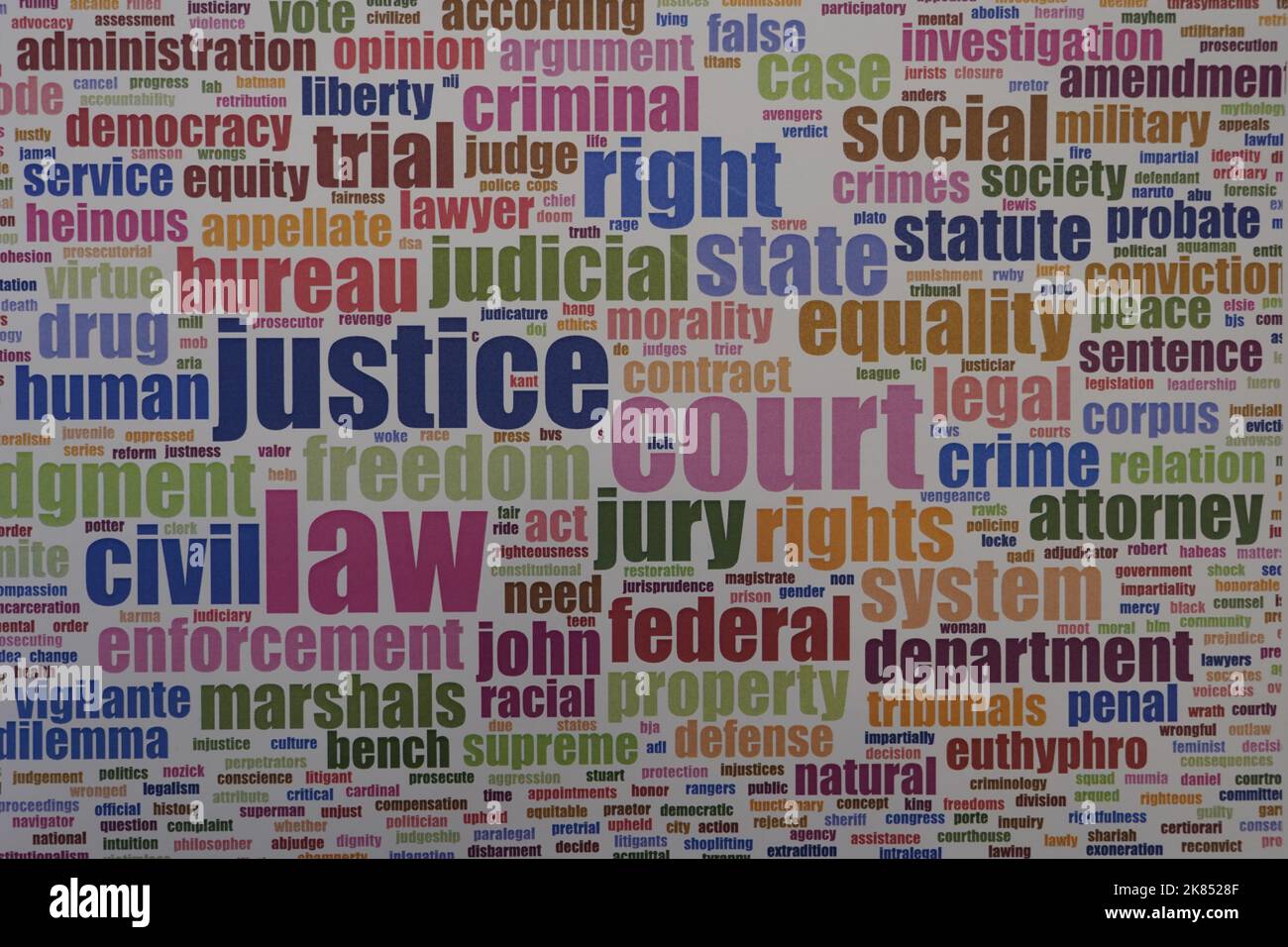 Concept de nuage de mots de justice. Nuage de mots de justice. Fait avec le texte seulement. Écrits colorés Banque D'Images