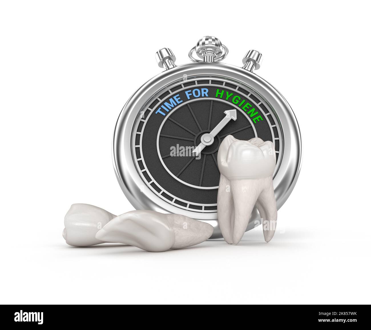 Temps pour l'hygiène, reste pour les patients. Concept d'illustration dentaire 3D Banque D'Images