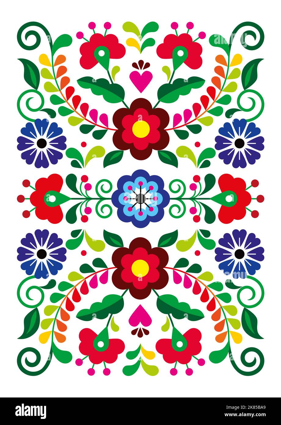 Rectangle floral vectoriel de style art populaire mexicain idéal pour les cartes de vœux ou les invitations, motif coloré avec fleurs Illustration de Vecteur