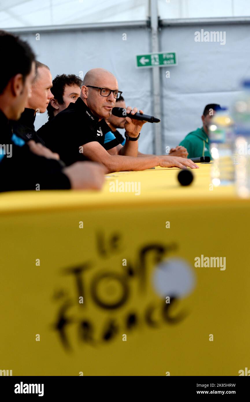 Le jour de la cérémonie d'ouverture du Tour de France, Team Sky tient une conférence de presse avant la course à Leeds. Banque D'Images