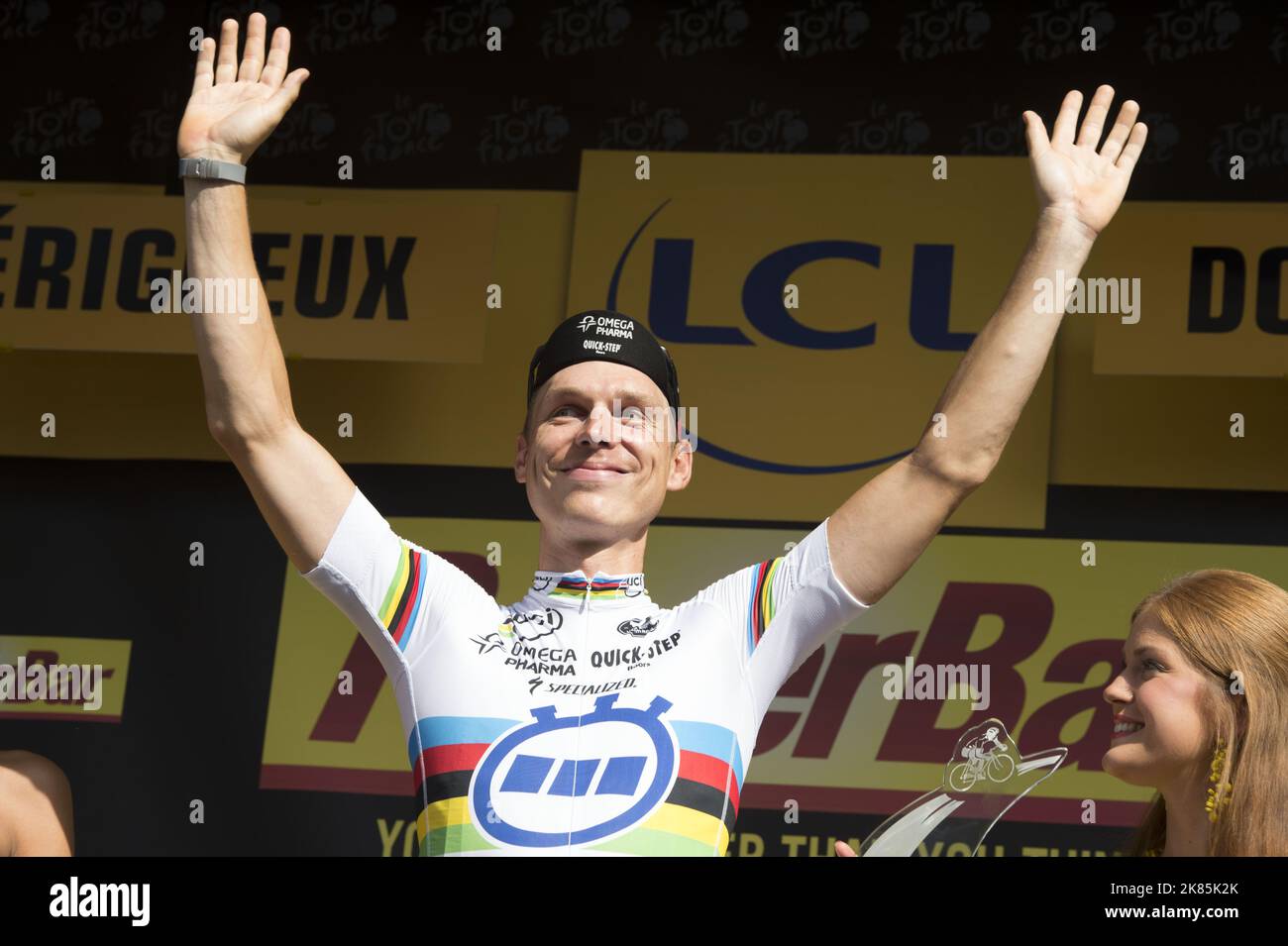 Tony Martin, Omega Pharma-Quick Step célèbre sur le podium après sa victoire sur scène Banque D'Images