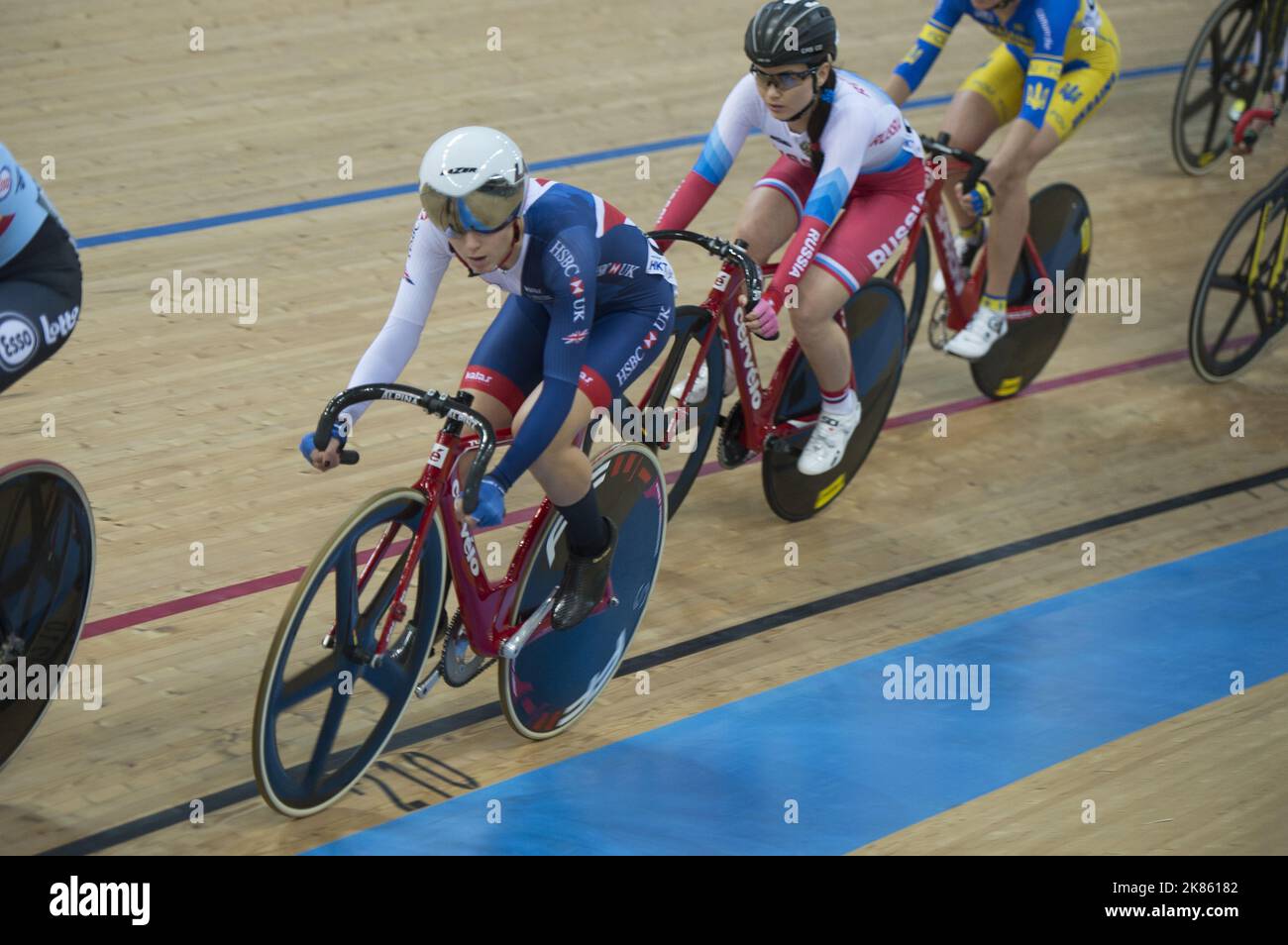Elinor Barker de Grande-Bretagne dans la course de points de femmes. Vélodrome de Hong Kong, 16 avril 2017 (photo de Casey B. Gibson) Banque D'Images