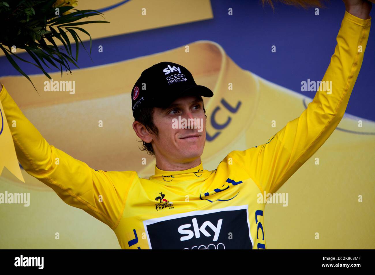 Geraint Thomas de Team Sky pendant la phase 13 du Tour de France de Bourg d'Oisans à Valence sur 20 juillet 2018. Banque D'Images