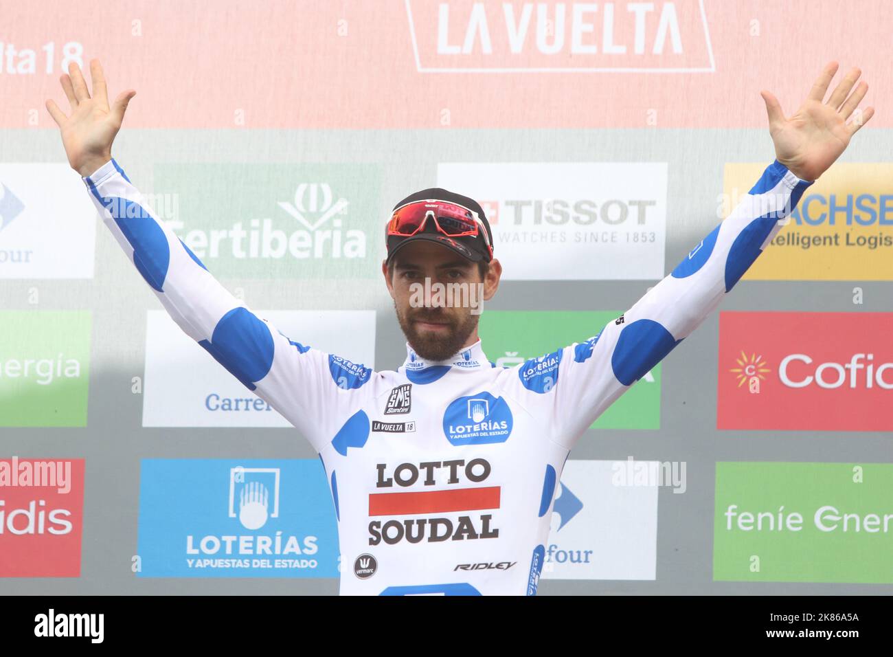 Thomas de Gendt, de Lotto Soundal, célèbre la victoire du roi du maillot de montagne lors de la phase 19 de la Vuelta a Espana (Tour d'Espagne) de Escaldes-Engordany au Coll de la Gallina sur 15 septembre 2018. Banque D'Images