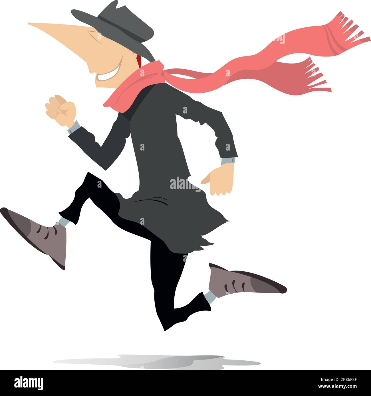 Courir jeune homme. Homme de course drôle dans le chapeau et le grand foulard. Illustration sur fond blanc Illustration de Vecteur