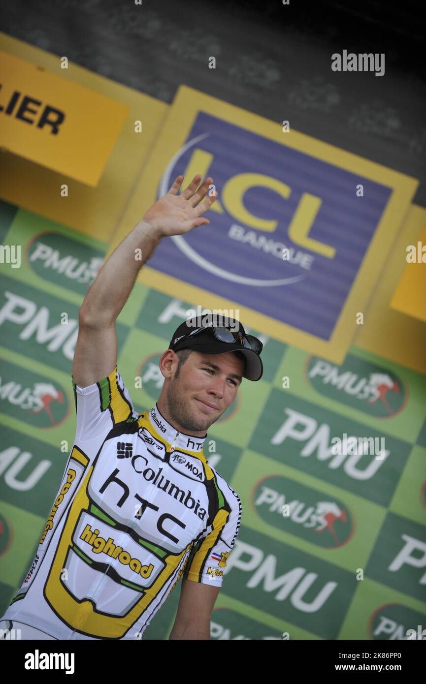 Mark Cavendish, de Columbia, célèbre la conservation du Green Jersey lors de l'épreuve Team Time lors de la quatrième étape du Tour de France autour de Montpellier, en France. Banque D'Images