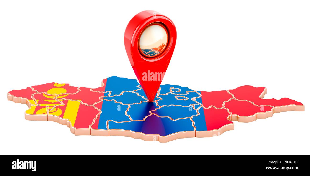 Pointeur de carte sur la carte de Mongolie, 3D rendu isolé sur fond blanc Banque D'Images