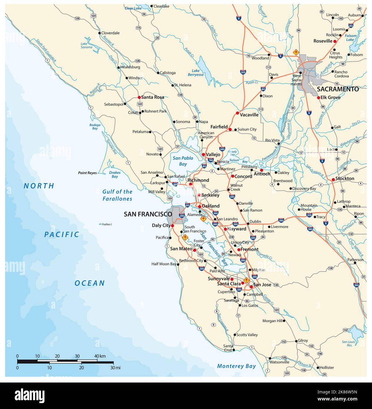 Carte routière de la région de la baie de San Francisco, Californie, États-Unis Banque D'Images