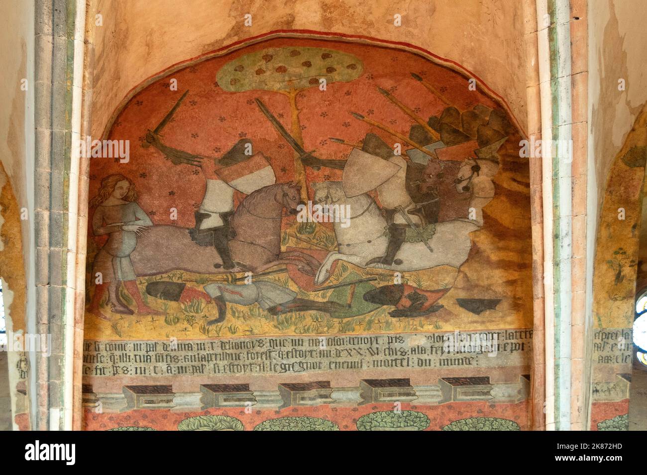 Château de Saint Floret, fresques du 14th siècle représentant l'histoire de Tristan et Iseult, Puy de Dome, Auvergne Rhône Alpes, France. Europe Banque D'Images