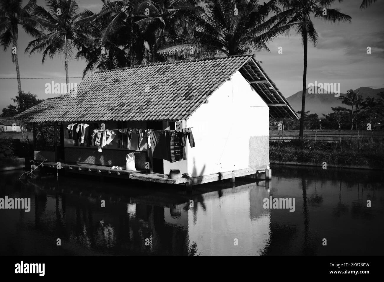 Photo monochrome, photo en noir et blanc d'un bâtiment de cabane au milieu d'un étang dans la région de Cikancung - Indonésie Banque D'Images