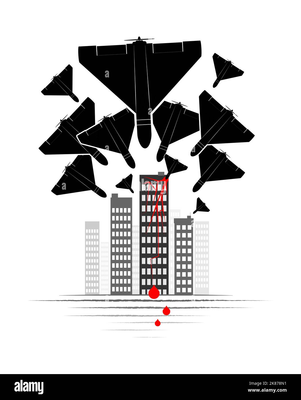 Une ville morte et blessée. Des drones militaires Shahid attaquent une ville ukrainienne paisible. Guerre Russie Ukraine 2022. Illustration de Vecteur