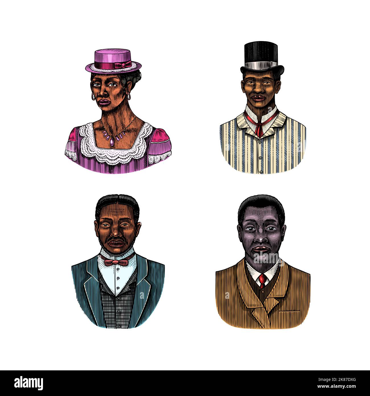 Homme élégant. Visage masculin. Messieurs afro-américains. Époque victorienne. Mode et vêtements. Homme d'affaires en costume. Ancienne esquisse dessinée à la main. Gravé vintage Illustration de Vecteur