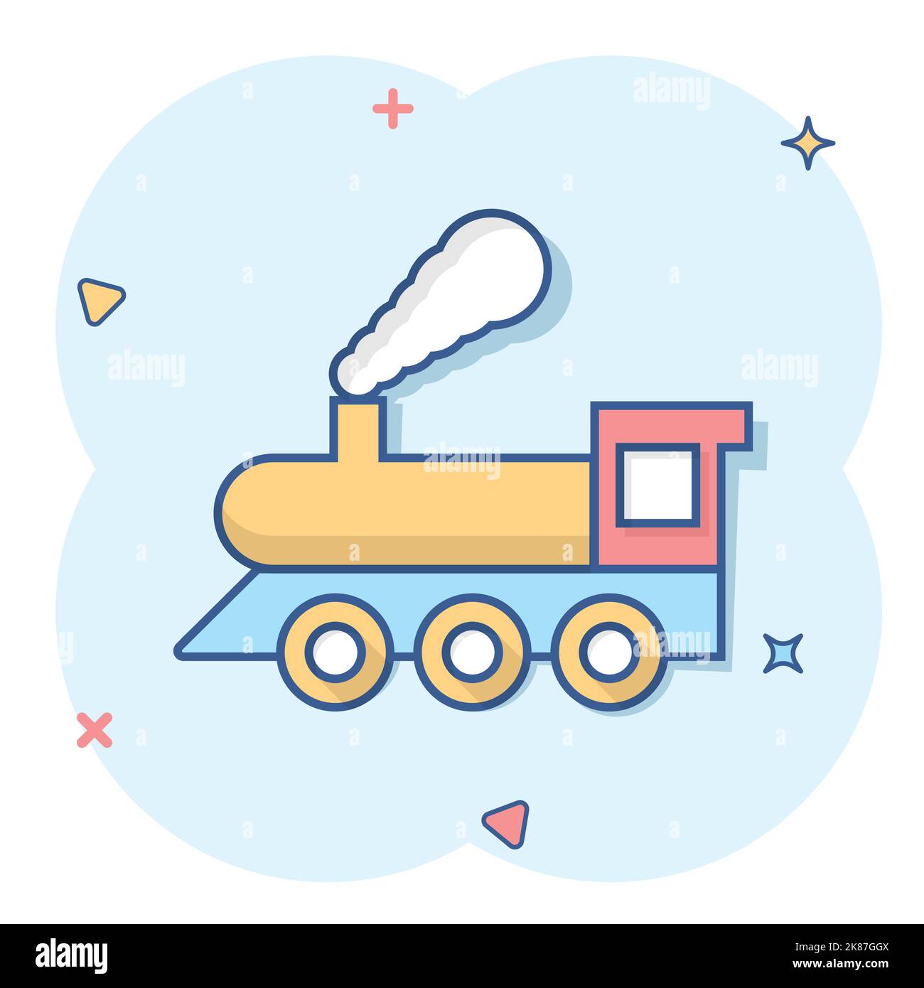 Icône Metro en style comique. Illustration du vecteur de dessin animé du train de vapeur sur fond blanc isolé. Concept d'affaires avec effet d'éclaboussure de fret ferroviaire. Illustration de Vecteur