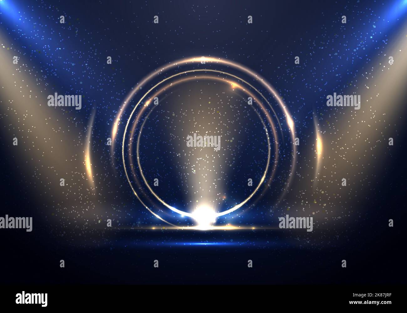 Abstrait cercle doré lumière effet toile de fond avec un spot sur fond bleu scène. Vous pouvez l'utiliser pour les fêtes, les expositions, les exh Illustration de Vecteur