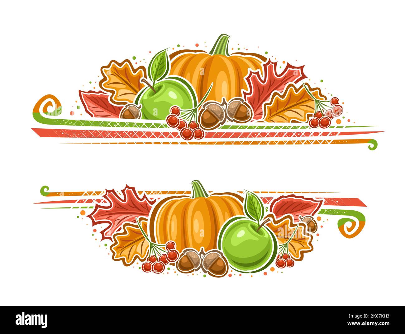 Bordure vectorielle pour le jour de Thanksgiving avec espace vide pour le texte de félicitations, invitation décorative avec illustration de citrouille orange, application verte Illustration de Vecteur