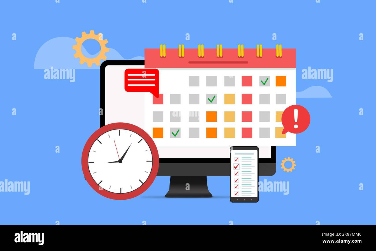 Gestion du temps, planification des activités, jours prévus et ordre du jour avec avis important. Moniteur d'ordinateur avec calendrier, horloge et message d'échéance. Plat Banque D'Images
