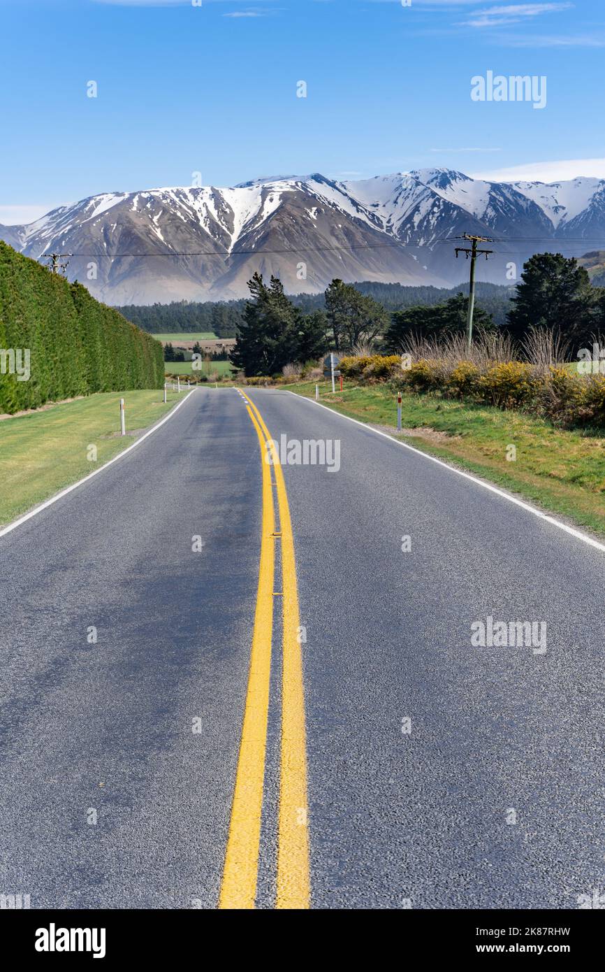 Paysage de Canterbury, île du Sud de la Nouvelle-Zélande, pris sur la route panoramique intérieure 72, avec des buissons sauvages et des Alpes enneigées en arrière-plan. Banque D'Images