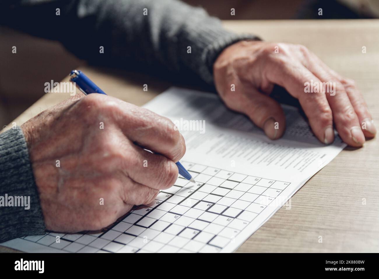 Senior résout le sudoku ou un casse-mots croisés pour ralentir le progressi Banque D'Images