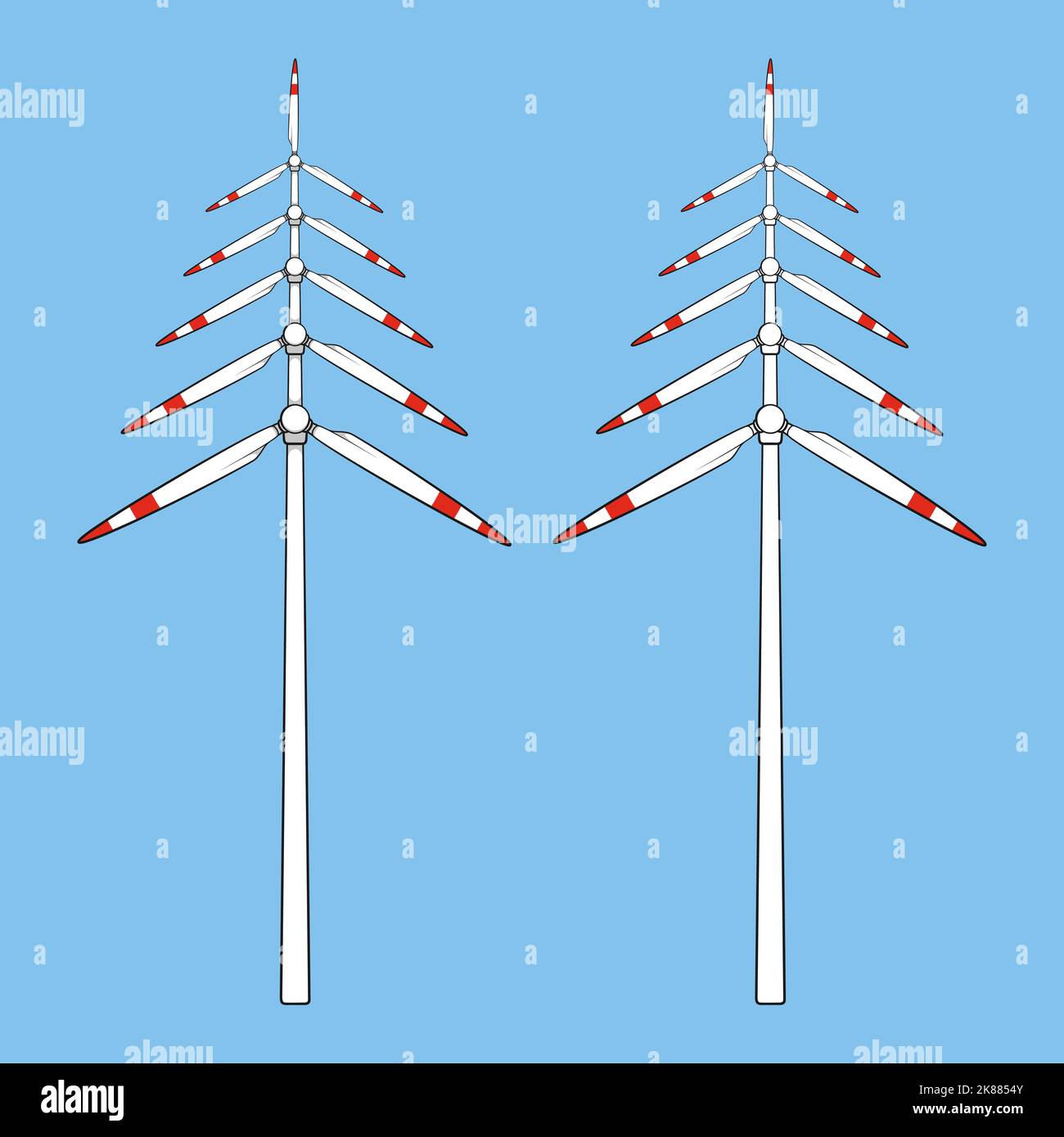 Ensemble d'illustrations en couleur avec arbre de Noël en hélices, pales de moulin à vent, éolienne. Objets vectoriels isolés. Illustration de Vecteur