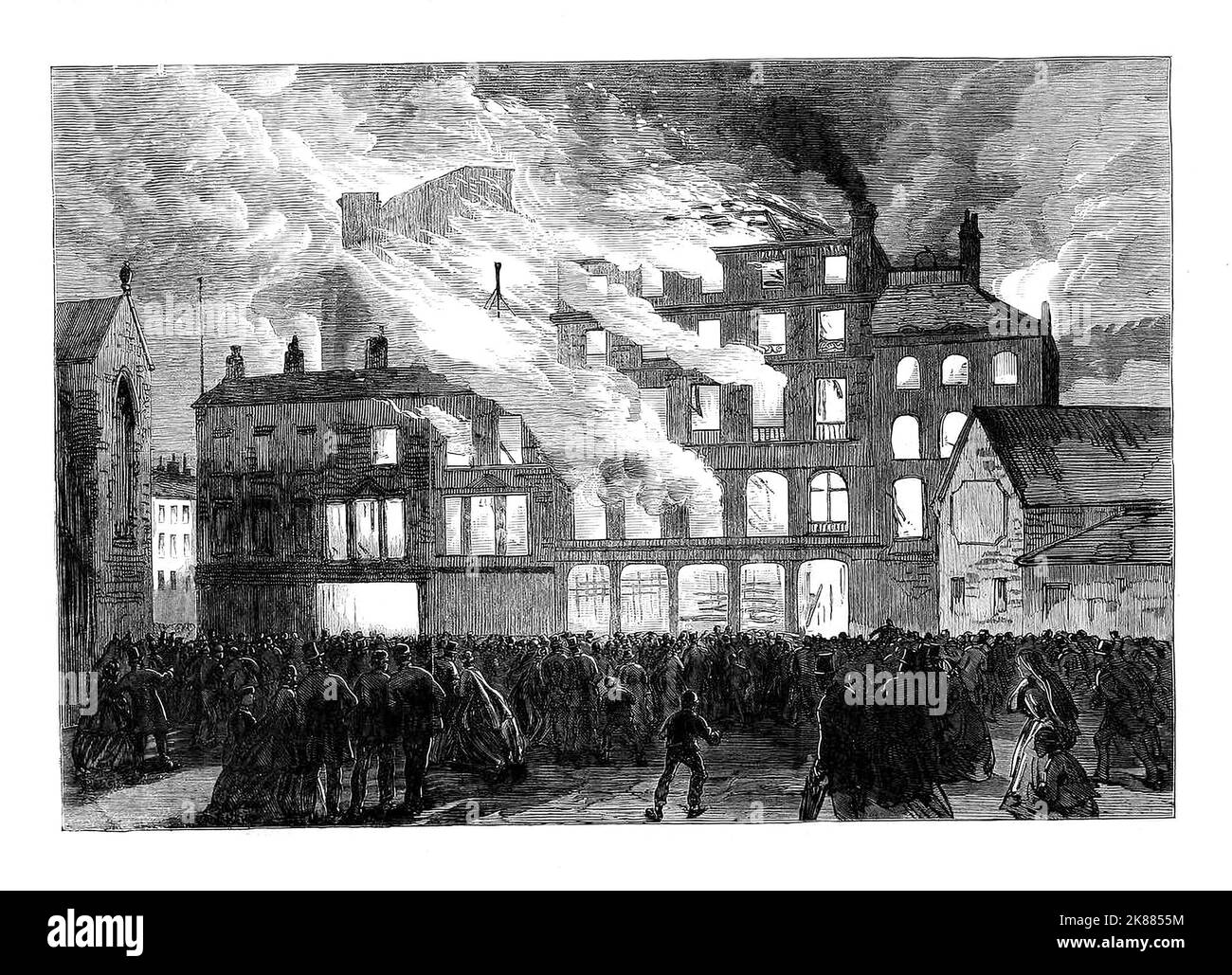 Vendredi 8 décembre 1865, deux policiers marchant sur leur battement ont découvert de la fumée provenant du sous-sol de Compton House. Une équipe de pompiers avec un nouveau moteur d'incendie à vapeur a commencé à s'attaquer à l'incendie. Bien que l'on ait cru à l'origine être un accident, une enquête et une audience plus tard à Liverpool assizes ont constaté que l'incendie a été délibérément déclenché par Thomas Henry Sweeting, 20 ans, un apprenti de Messrs Jeffery après avoir accusé de voler 6 mois auparavant. Une confession de Sweeting a détaillé comment il avait commencé le feu. Banque D'Images