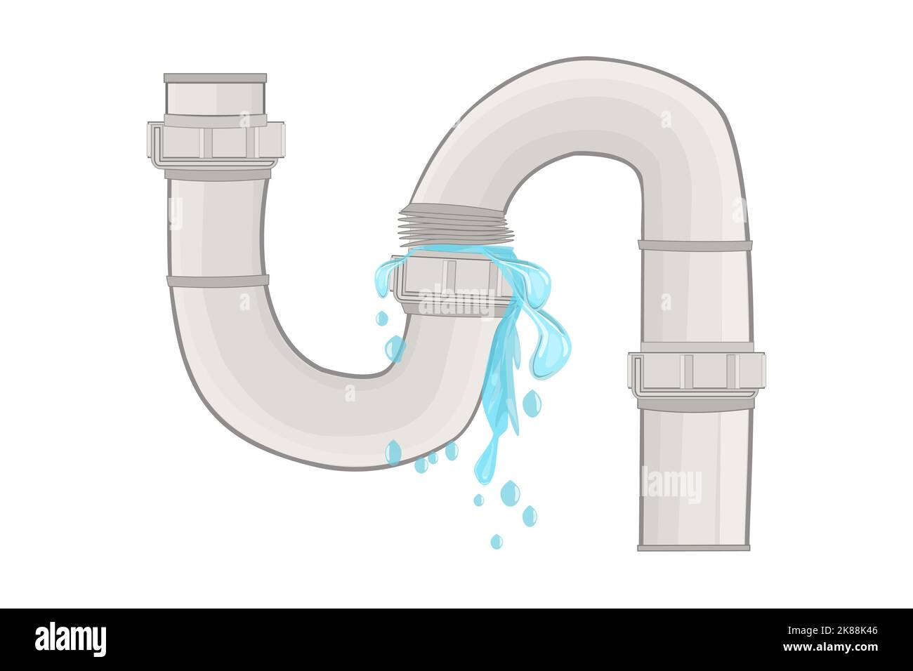 Tuyau de plomberie avec eau courante. Fuite d'eau du tuyau. Égout et alimentation en eau cassés. Valve de tube d'éclatement, siphon de fissure, tuyauterie endommagée, vidange goutte à goutte. Illustration de Vecteur