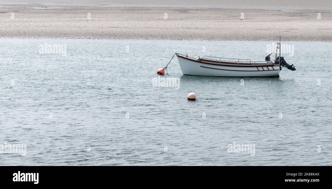 Un bateau à moteur amarré en eau peu profonde. Plage de sable. Paysage marin. Bateau blanc sur le plan d'eau Banque D'Images