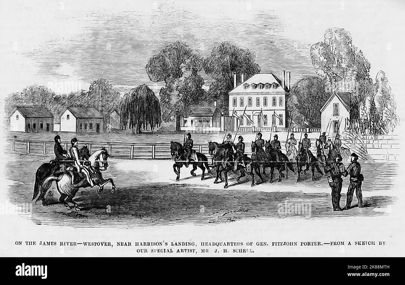 Sur la rivière James - Westover, près de Harrison's Landing, quartier général du général Fitz John porter. Août 1862. Illustration de la guerre de Sécession américaine du 19th siècle tirée du journal illustré de Frank Leslie Banque D'Images