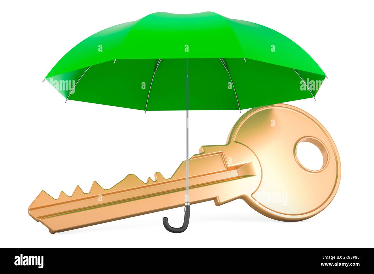 Clé sous parapluie, 3D rendu isolé sur fond blanc Banque D'Images