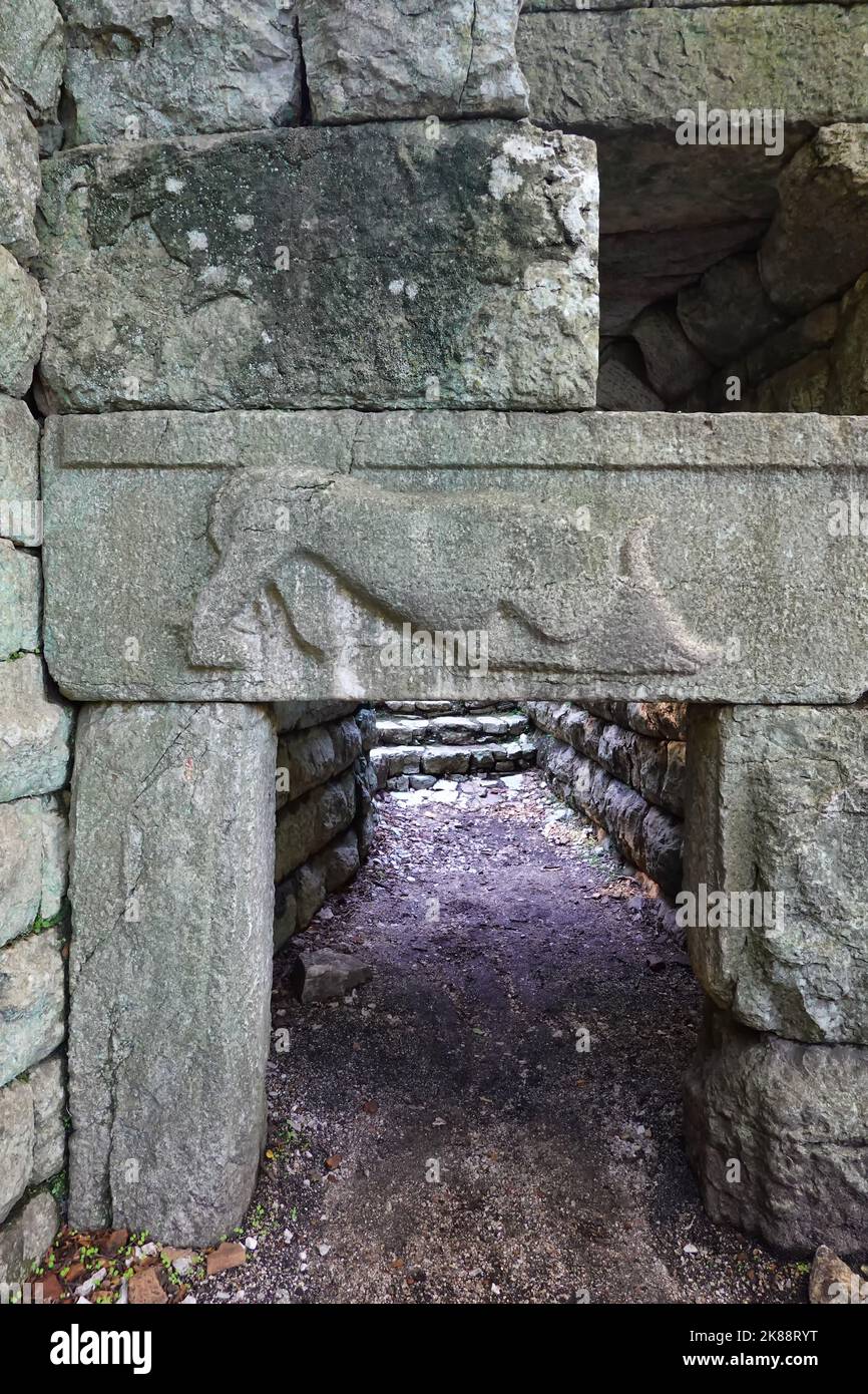 Porte du Lion, accès à l'acropole, Butrint était une ancienne ville grecque et romaine plus tard et un évêché à Epirus, site classé au patrimoine mondial de l'UNESCO, Albanie Banque D'Images